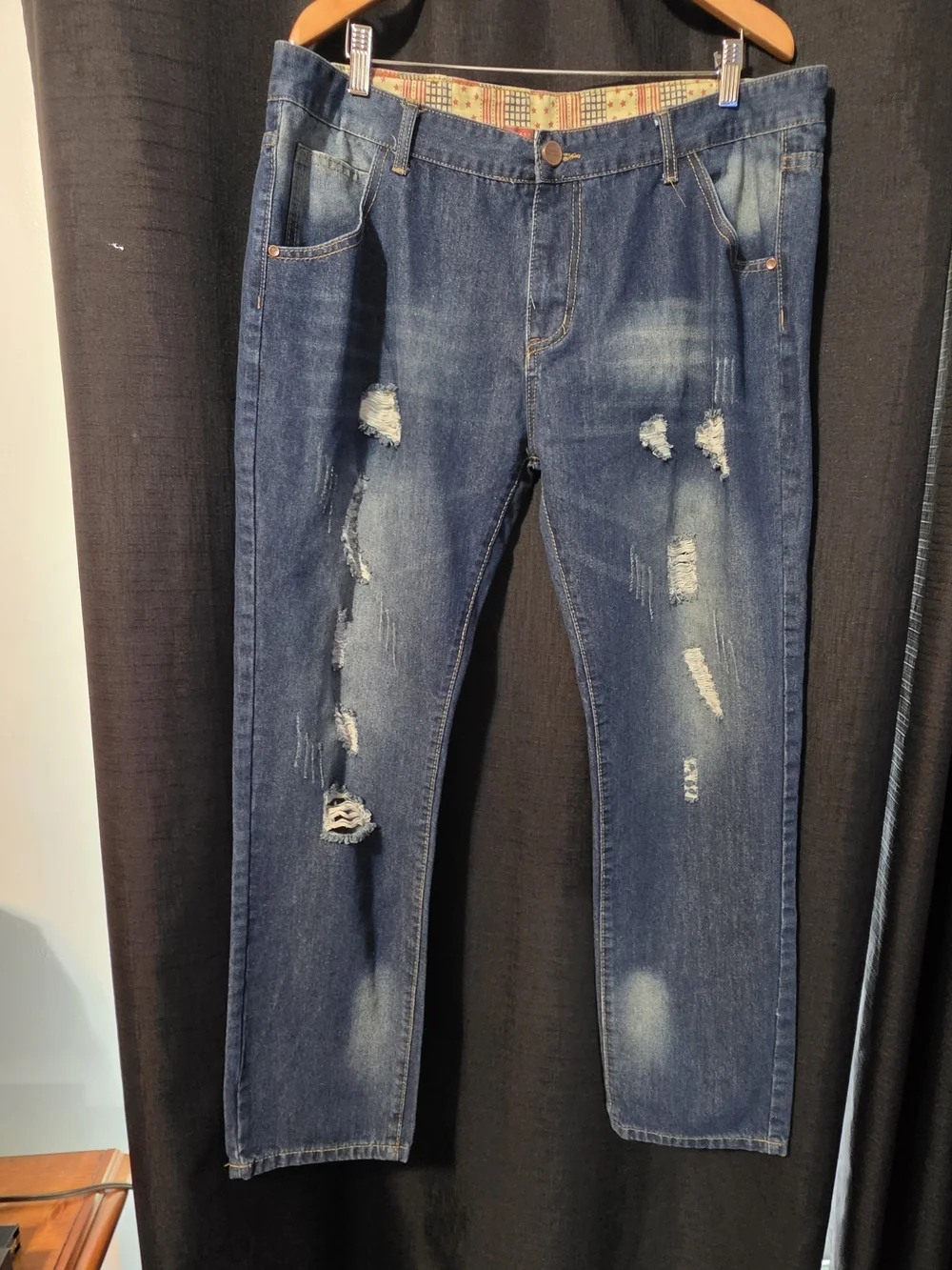 Men's VTG Fashion Jeans Straight Fit Distressed Dark Blue